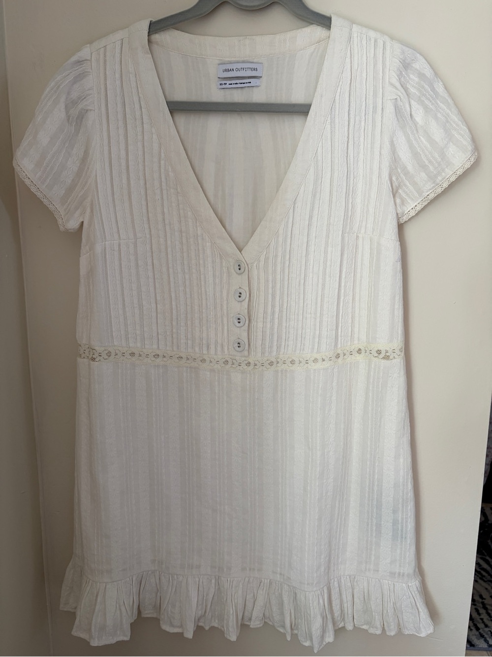 Urban Outfitters White V-Neck Button Front Short Sleeve Dress